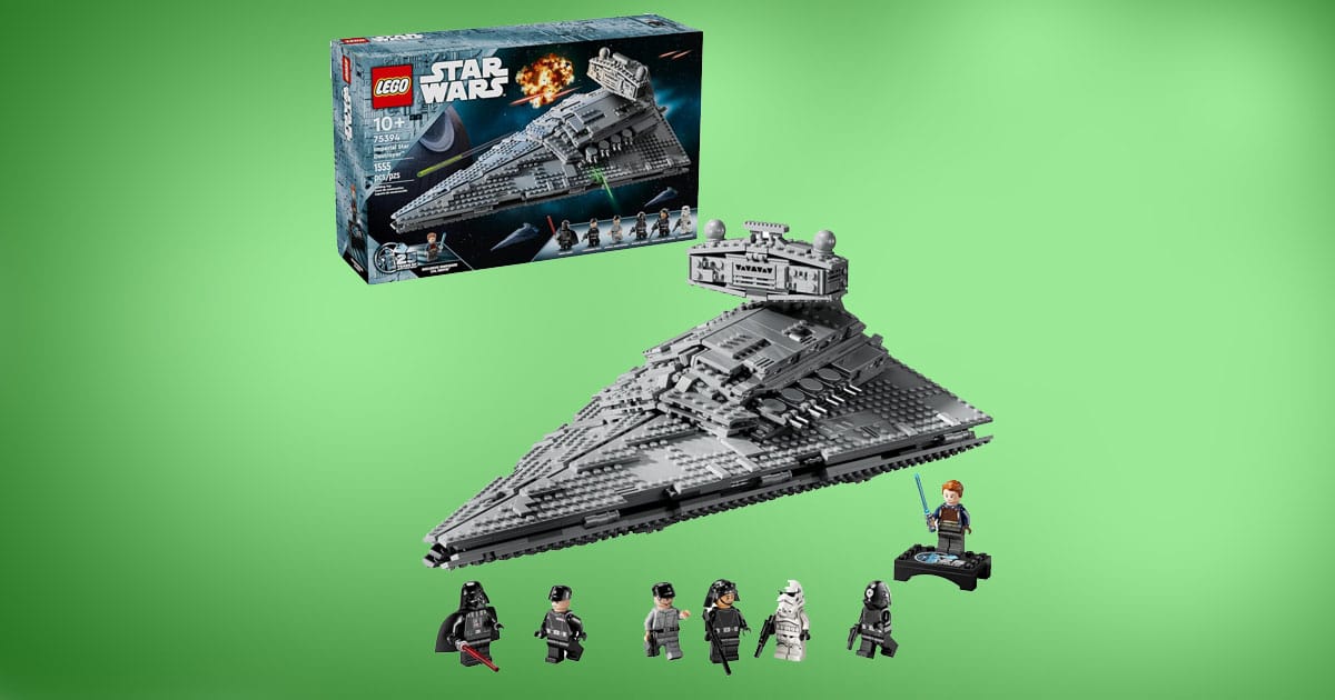LEGO Star Wars Imperial Star Destroyer set with minifigures including Darth Vader, Cal Kestis, Imperial officers, stormtrooper, and droid on green background.