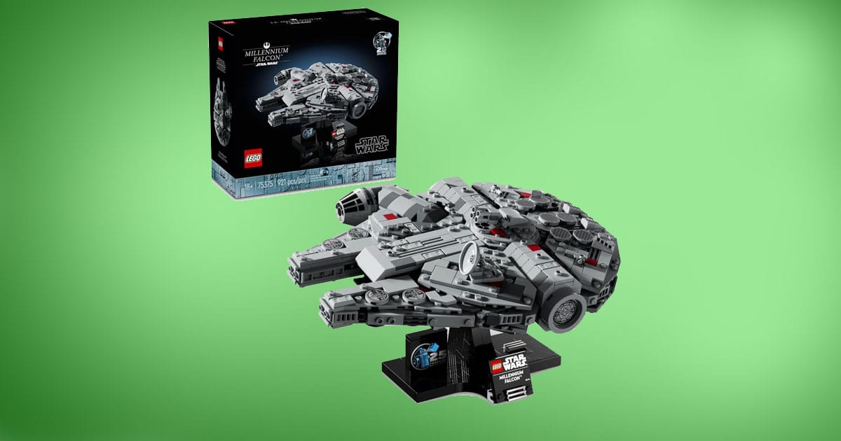 LEGO Star Wars Millennium Falcon 25th Anniversary model with display stand and box on green background.