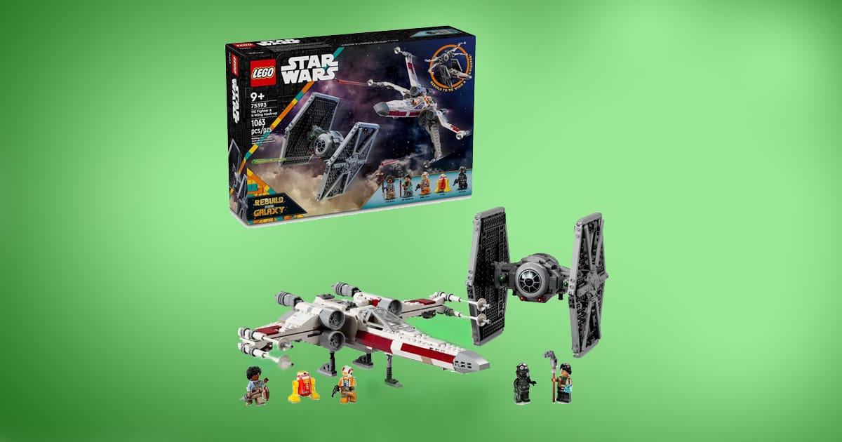 LEGO Star Wars TIE Fighter and X-Wing Mash-Up set with minifigures and droid L3-G0 on green background.