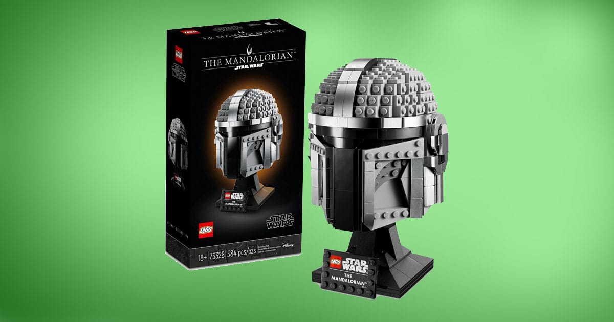 LEGO Star Wars The Mandalorian Helmet model kit with display stand and box on green background.