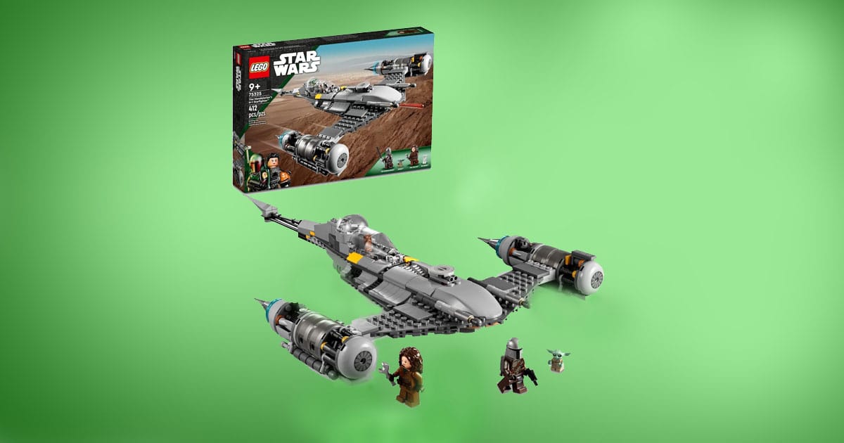 LEGO Star Wars The Mandalorian’s N-1 Starfighter set with minifigures of the Mandalorian, Grogu, and Peli Motto on green background.
