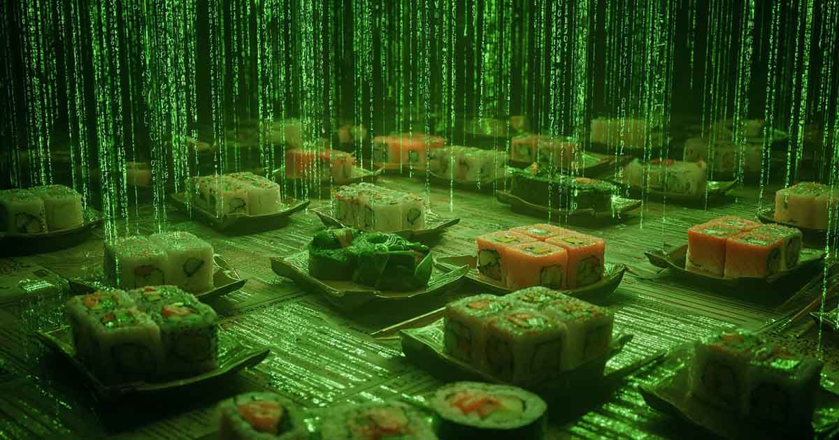 Multiple plates of sushi on a table with vertical green Matrix code cascading over them.