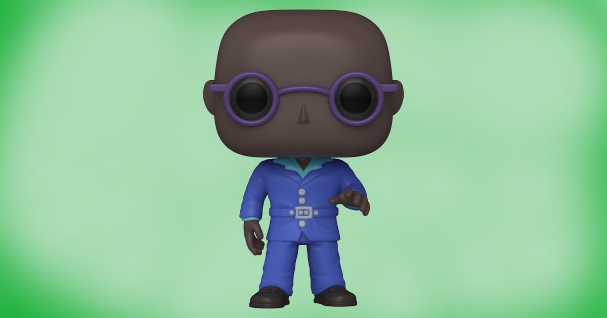 Funko POP vinyl figure of Morpheus from The Matrix wearing blue suit and purple sunglasses, collectible toy.