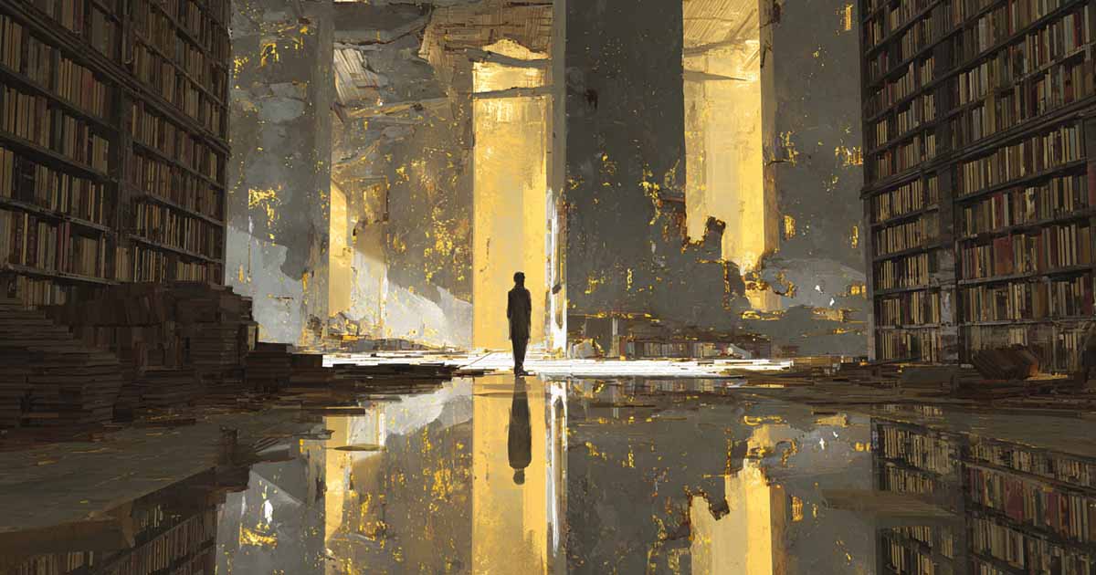 A ruined futuristic library with shelves of books and golden light streaming through broken walls, symbolizing the legacy and lasting relevance of "Do Androids Dream of Electric Sheep?" — Philip K. Dick 1968.