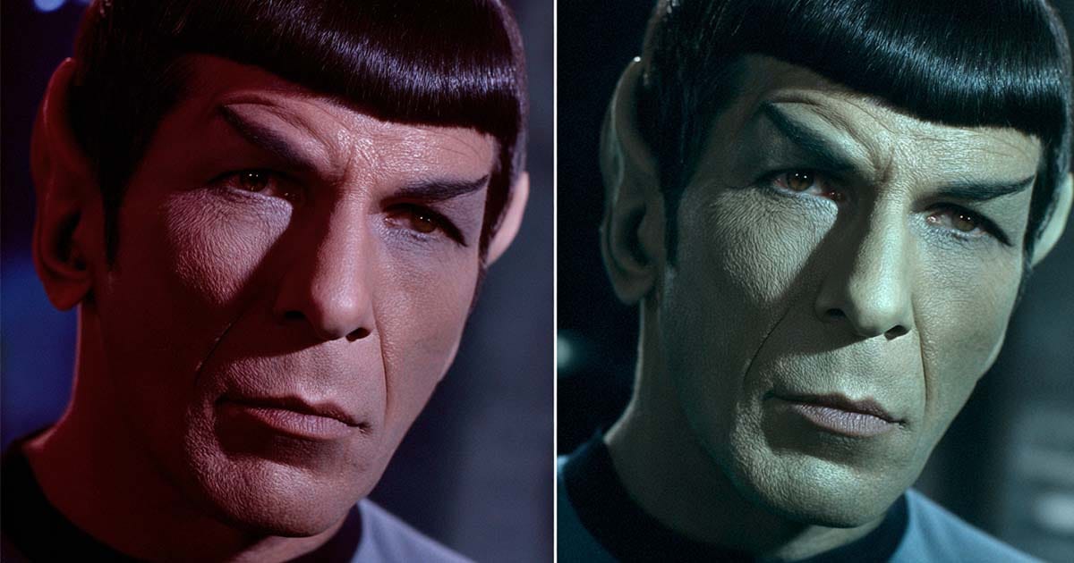 Comparison of Spock with red skin test makeup and final greenish tint from "Star Trek: The Original Series."