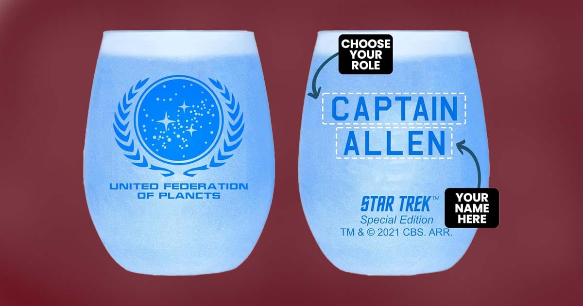 Star Trek stemless wine glass with United Federation of Planets logo and customizable name and role.