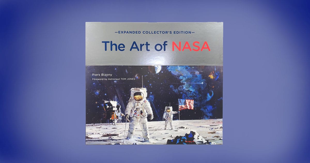 Book cover of "The Art of NASA" expanded collector’s edition featuring astronauts on the Moon with the American flag and a painted cosmic backdrop.