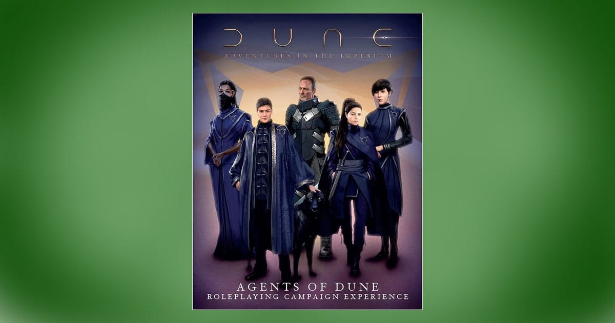 Agents of Dune roleplaying campaign box set with characters in blue attire.