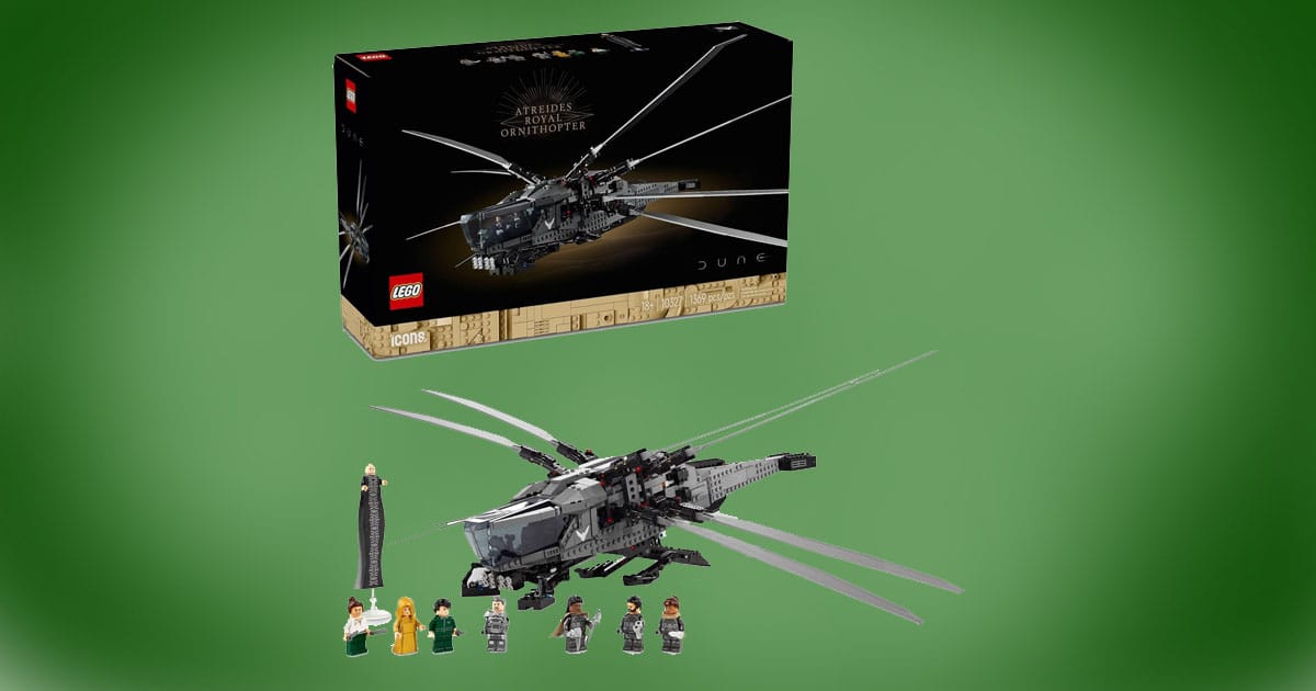 LEGO Icons Dune Atreides Royal Ornithopter set with minifigures and box.