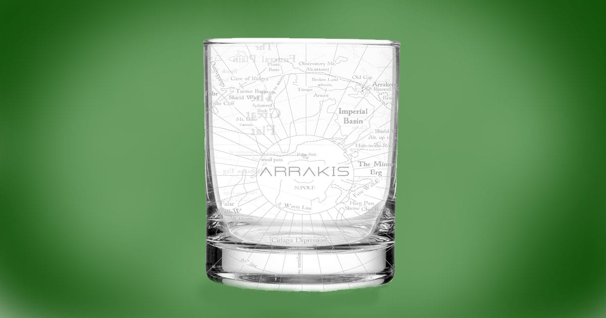 Dune Arrakis engraved whiskey rocks glass with detailed desert map.