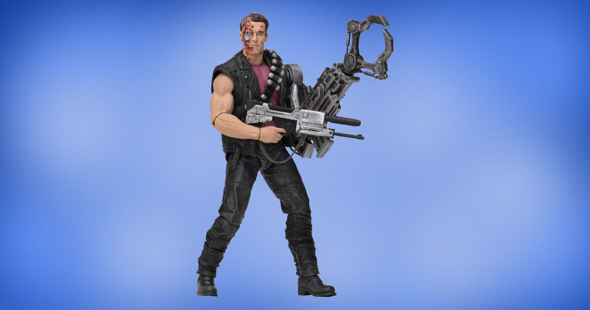 NECA Power Arm T-800 action figure inspired by 1990s Kenner designs, featuring battle damage and oversized mechanical weapon attachments.