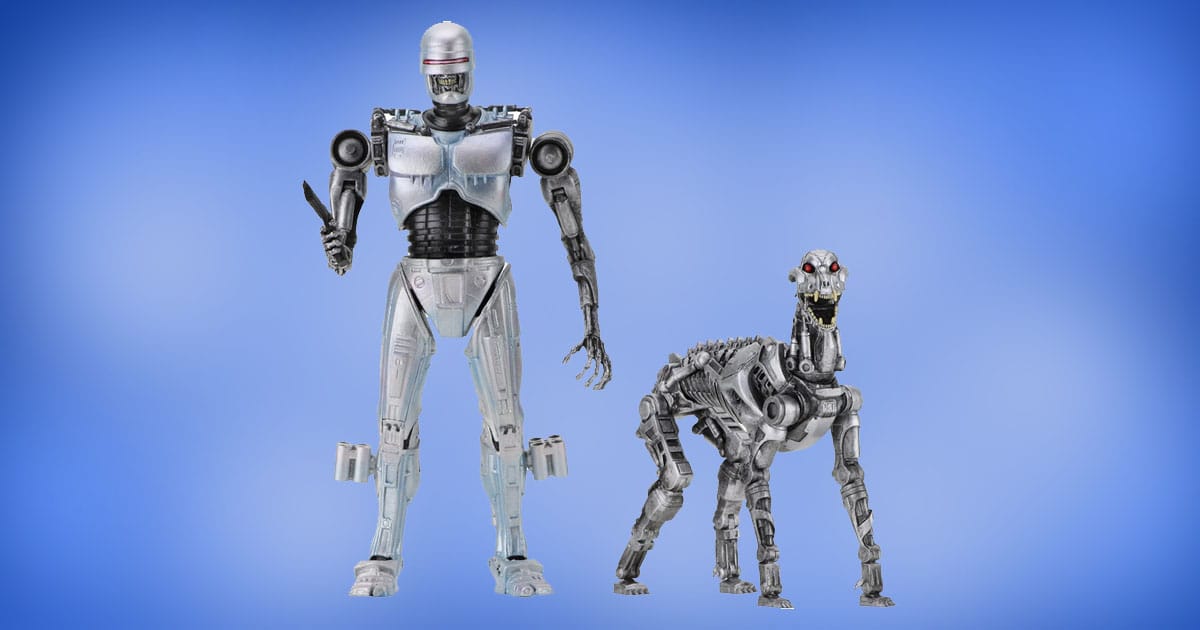 NECA RoboCop vs The Terminator 2-pack featuring EndoCop action figure with blade arm and Terminator Dog quadruped robot.