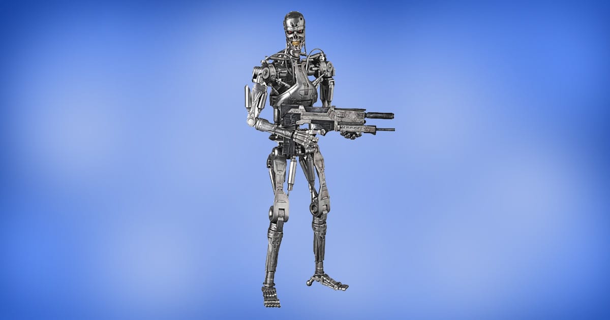 MAFEX Endoskeleton action figure from Terminator 2 holding a plasma rifle, featuring detailed chrome finish and articulated limbs.