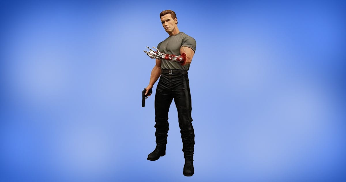 NECA Terminator 2 T-800 action figure with exposed endoskeleton arm, wearing gray shirt and black pants, holding a pistol.