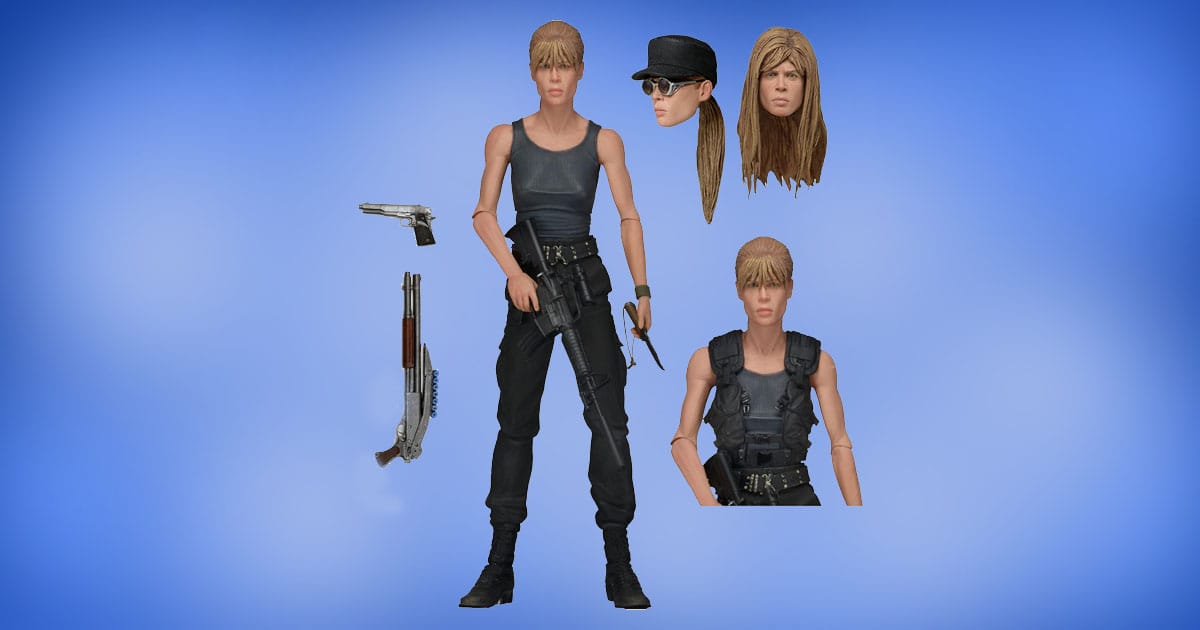 NECA Ultimate Sarah Connor action figure from Terminator 2 with tactical gear, multiple weapons, and three interchangeable head sculpts.