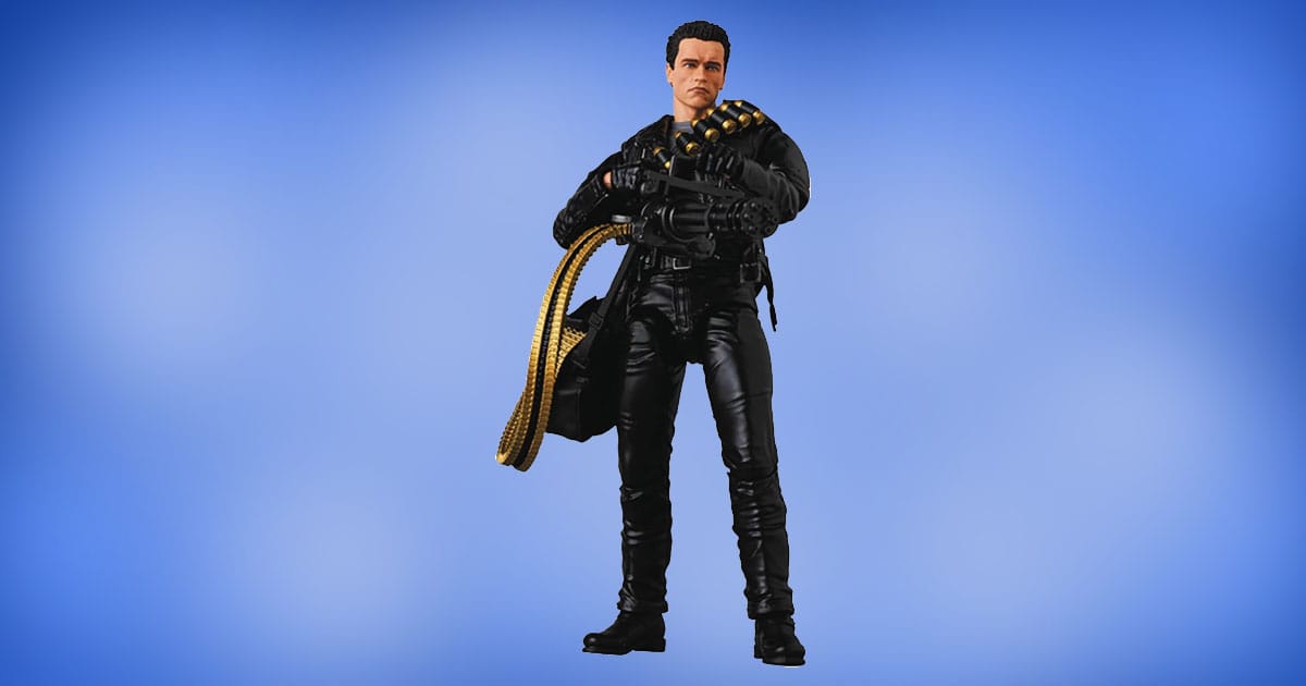 NECA Terminator 2 T-800 action figure featuring black tactical outfit, ammo belt, and handheld minigun.