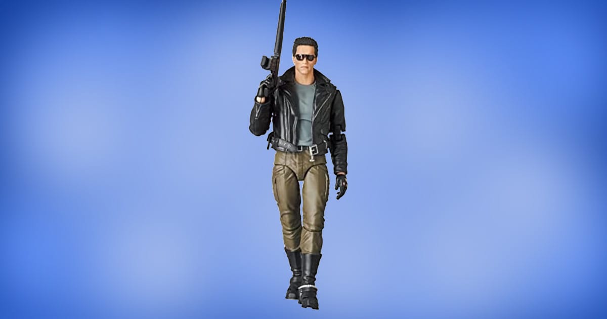 MAFEX T-800 action figure from The Terminator featuring leather jacket, sunglasses, shotgun, and early 1984 character design.