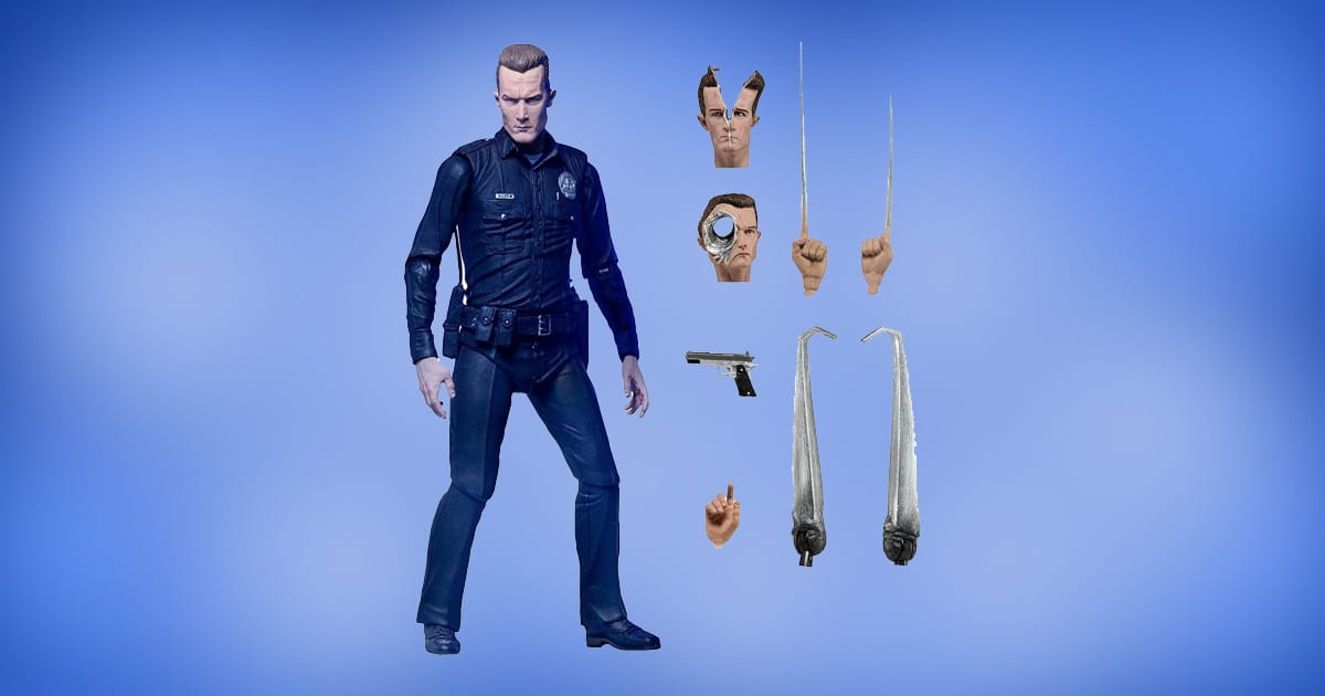 NECA Ultimate T-1000 action figure from Terminator 2 with interchangeable heads, arms, hands, and weapon accessories.