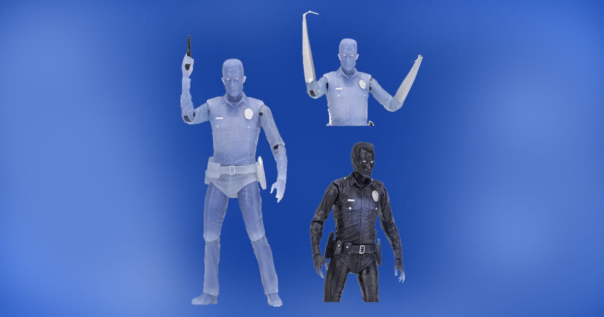 NECA White Hot T-1000 action figure with translucent body, alternate arms, and heat-reactive color change inspired by 1990s Kenner design.