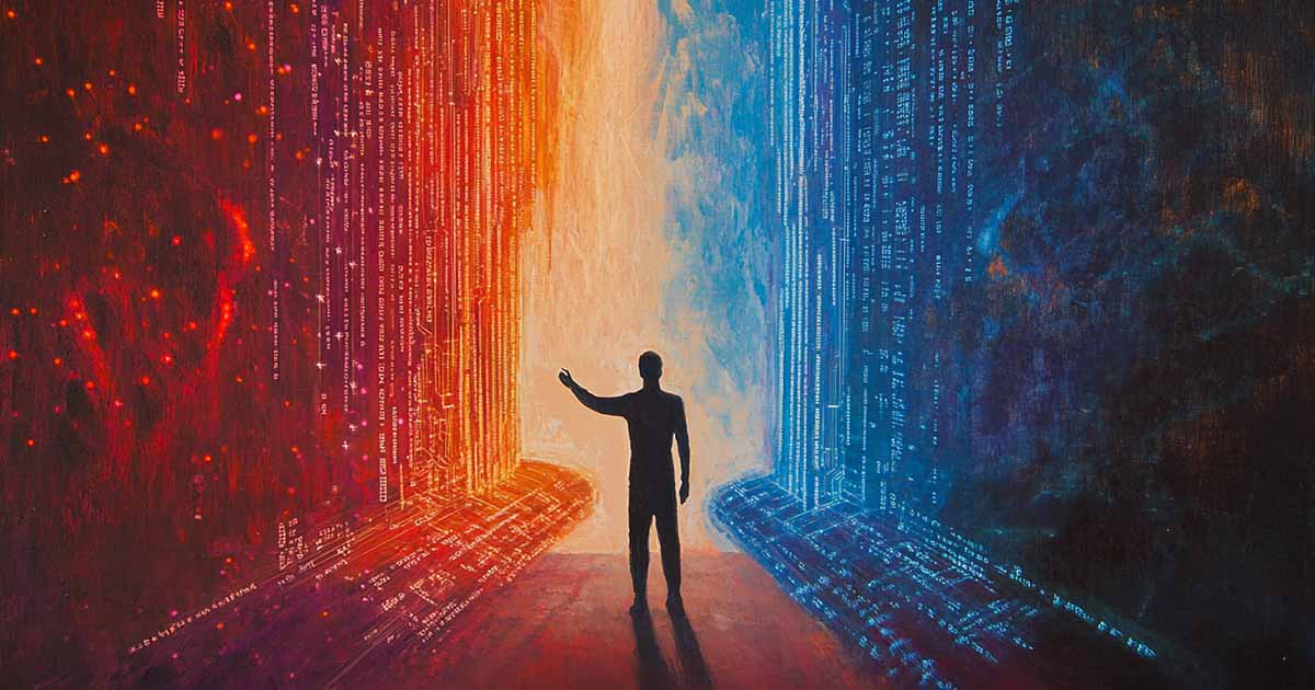 A silhouetted man stands between two towering digital walls—one red and chaotic, the other blue and ordered—reaching toward the blue side, symbolizing the ethical use of information.