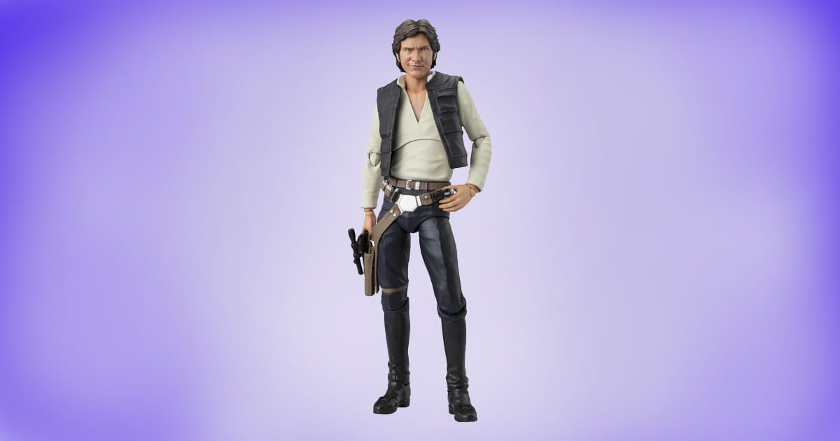 Han Solo action figure from A New Hope wearing classic vest and holding blaster on purple background.