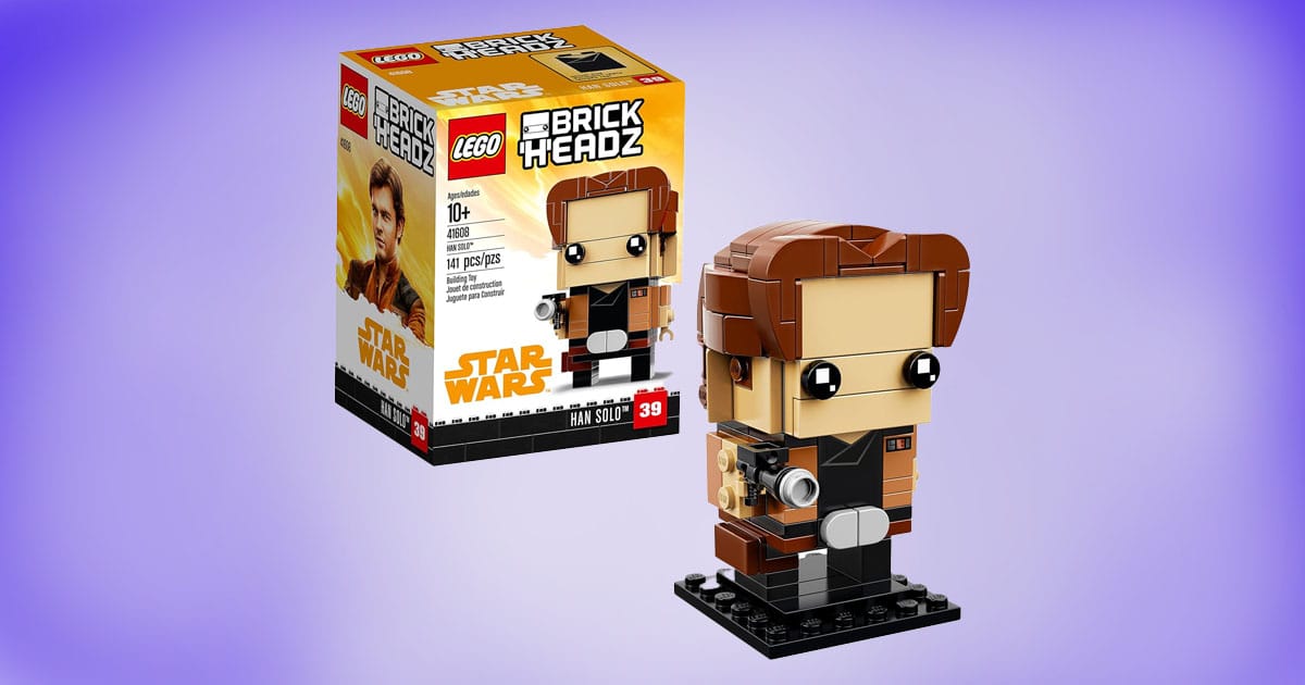 LEGO BrickHeadz Han Solo buildable figure with product box on purple background.