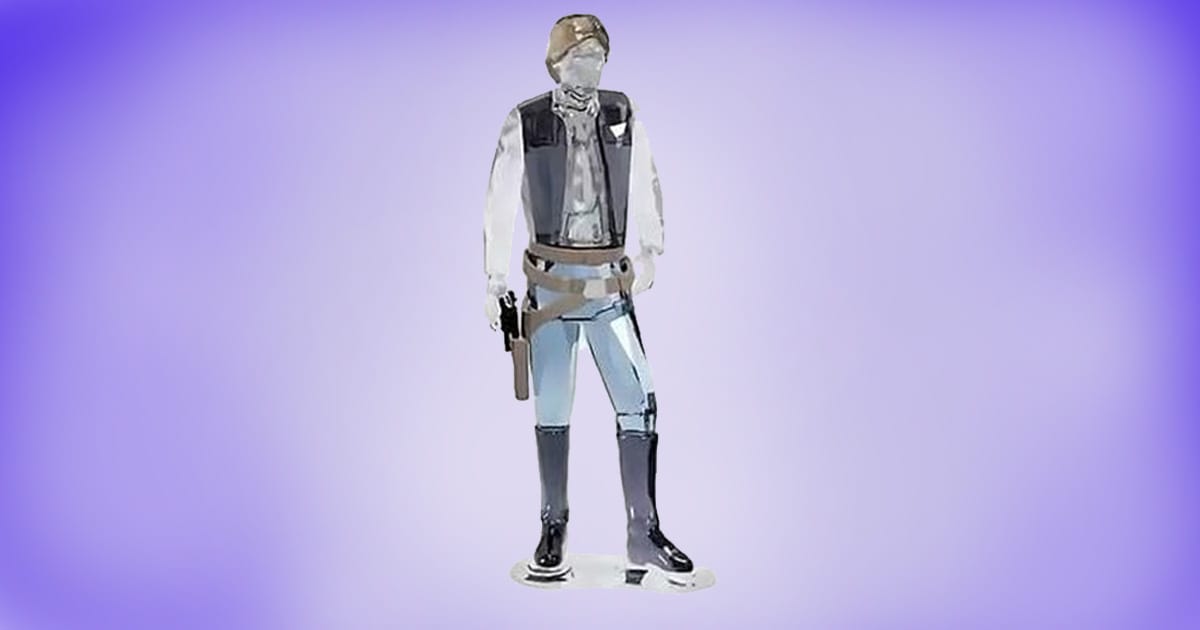 Crystal figurine of Han Solo in classic outfit on purple background.