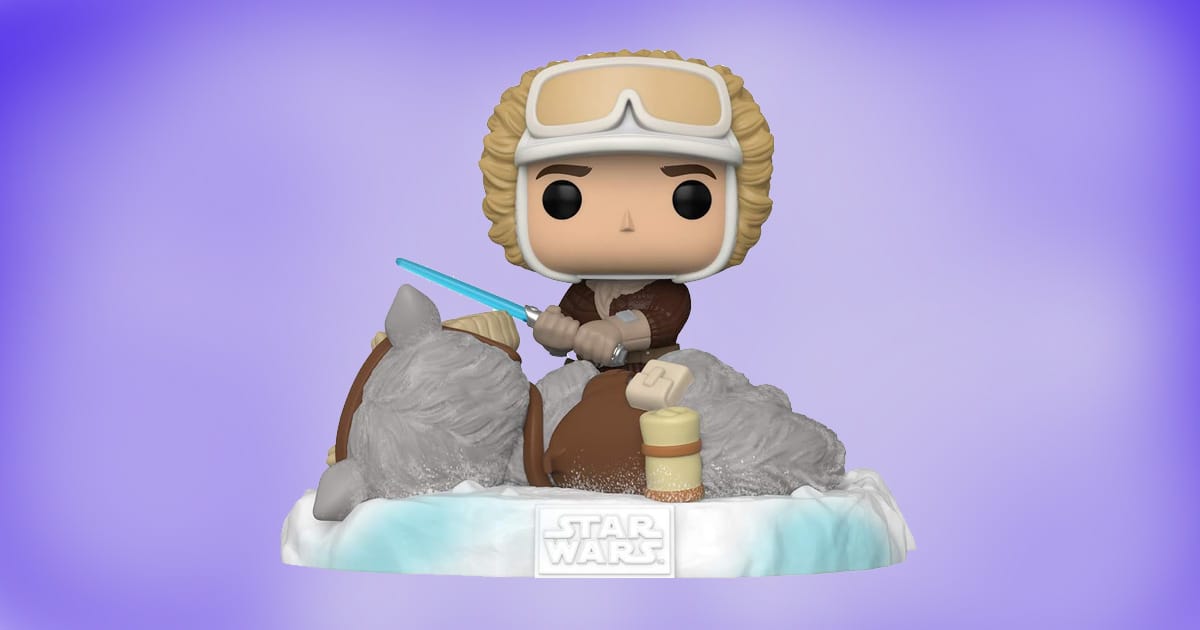 Funko Pop Han Solo riding Tauntaun vinyl figure on snowy base with purple background.