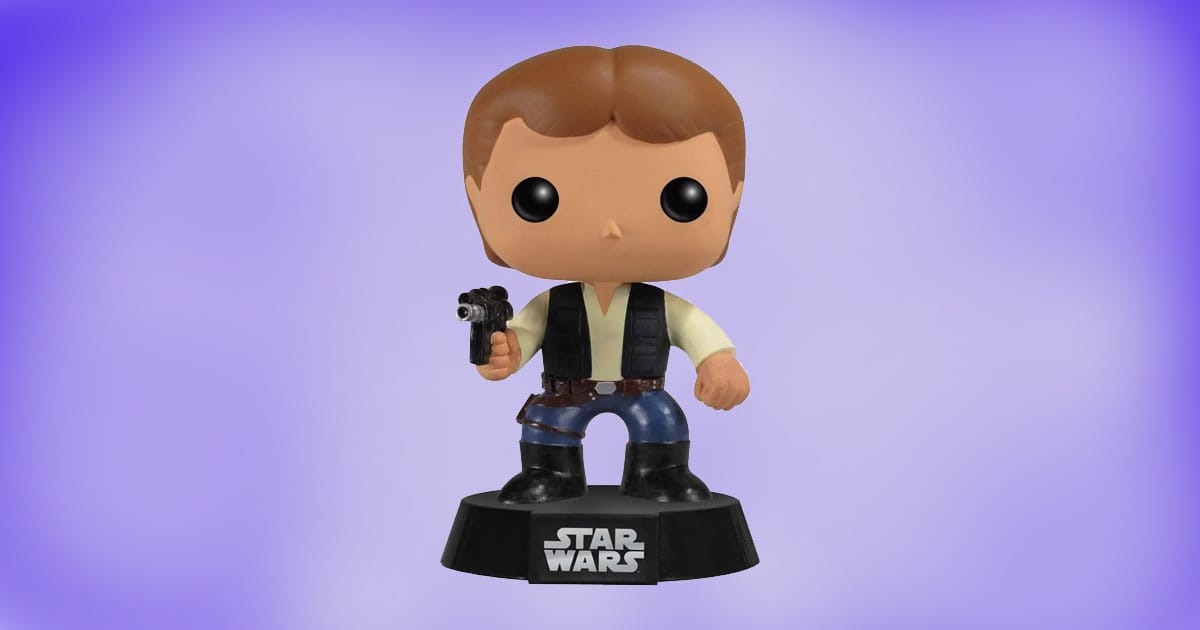 Funko Pop Han Solo vinyl figure with blaster on Star Wars display base and purple background.