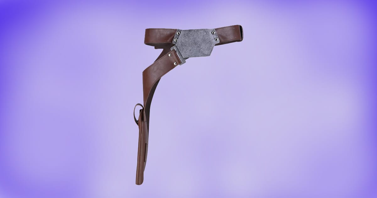 Han Solo cosplay belt and blaster holster replica on purple background.