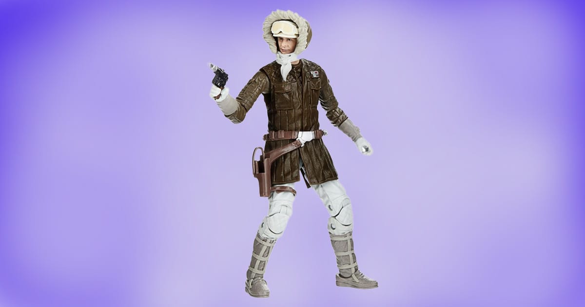 Star Wars Black Series Han Solo action figure in Hoth snow gear with blaster on purple background.
