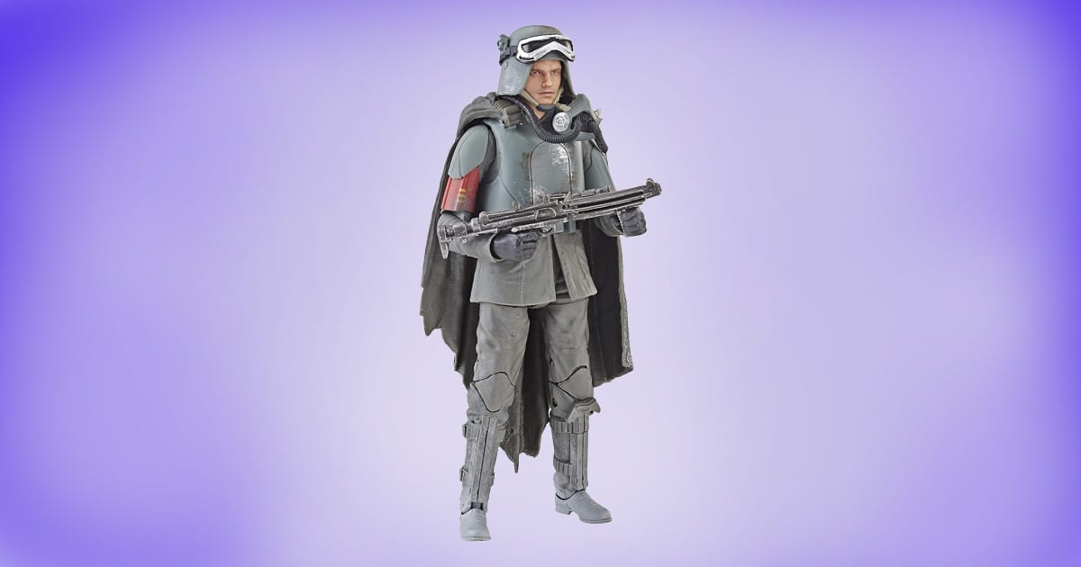 Han Solo Black Series Mimban action figure in Imperial mudtrooper gear with blaster on purple background.