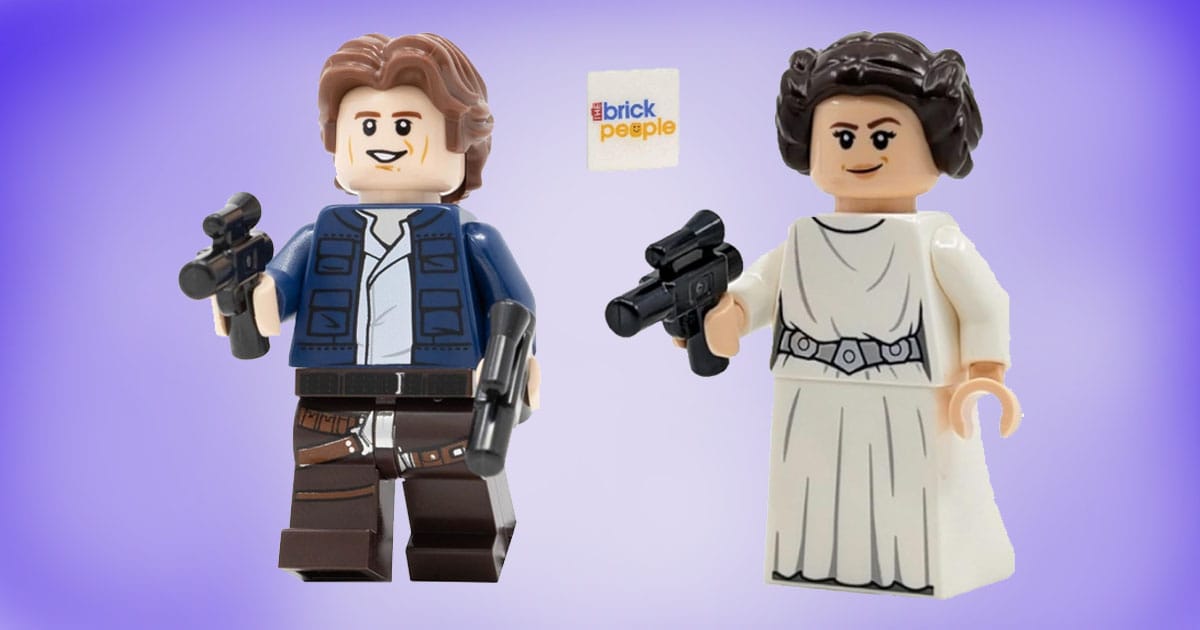 LEGO Star Wars Han Solo and Princess Leia minifigures with blasters on purple background.