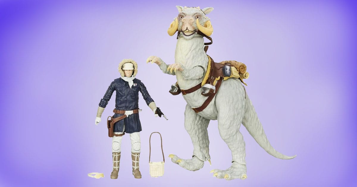 Star Wars Han Solo action figure with Tauntaun and accessories on purple background.