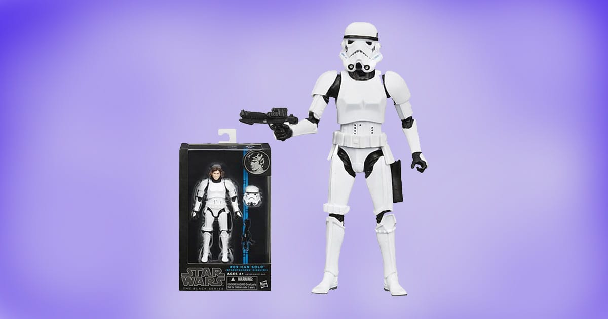 Star Wars Black Series Han Solo Stormtrooper disguise action figure with packaging on purple background.