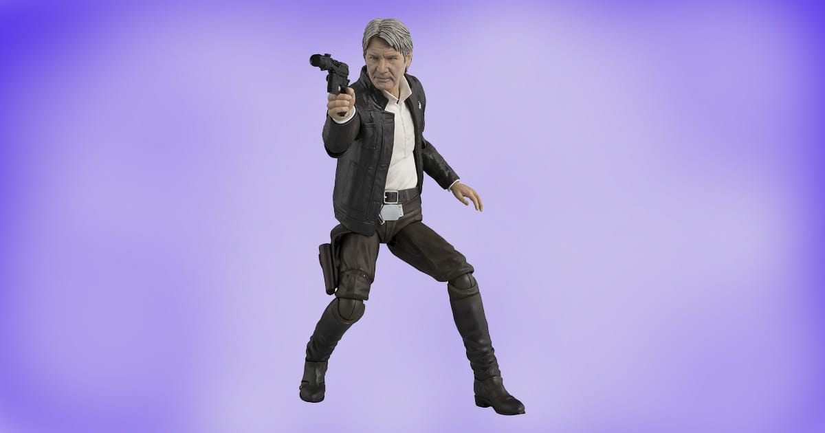 Han Solo action figure from The Force Awakens aiming blaster on purple background.