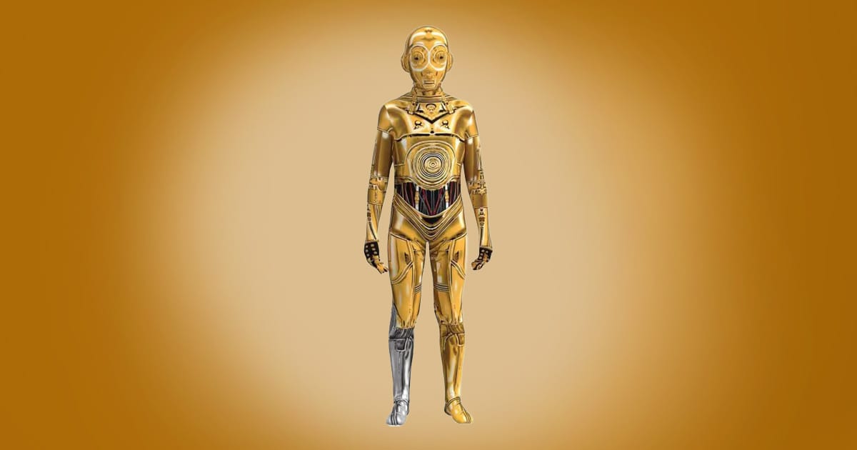 Adult C-3PO Star Wars costume with full gold body suit, silver leg, and detailed droid design on orange background.