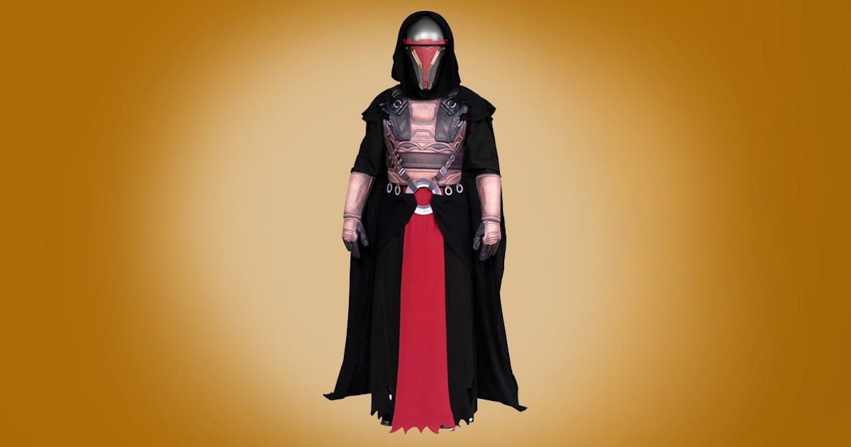 Adult Darth Revan Star Wars costume with black hooded cloak, red sash, chest armor, and masked helmet on orange background.