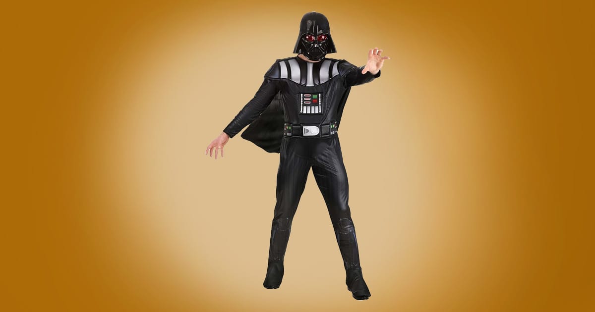 Adult Darth Vader Star Wars costume with black jumpsuit, cape, chest panel, and helmet on orange background.