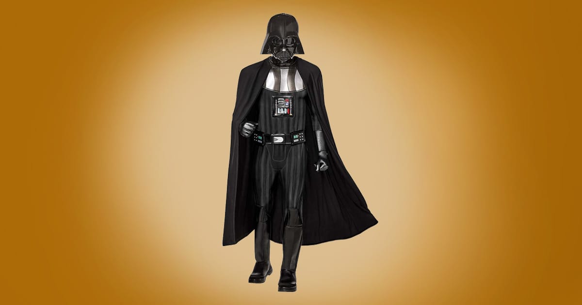 Adult Darth Vader Star Wars costume with black armor, cape, and helmet on orange background.
