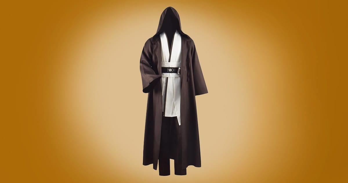 Adult Jedi Star Wars costume with brown hooded robe, white tunic, and belt on orange background.