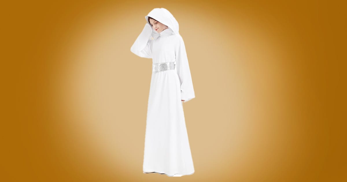 Adult Princess Leia style Star Wars costume with white hooded gown and silver belt on orange background.