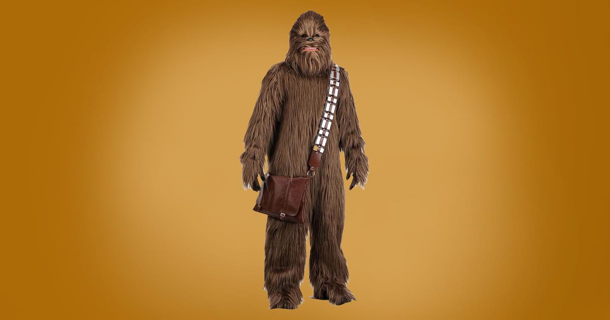 Adult Chewbacca Star Wars costume with fur suit, bandolier, and satchel on orange background.