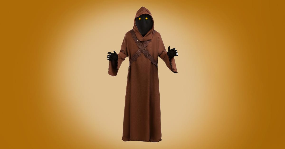 Adult Star Wars Jawa costume with brown hooded robe, glowing yellow eyes, and cross-body belts on orange background