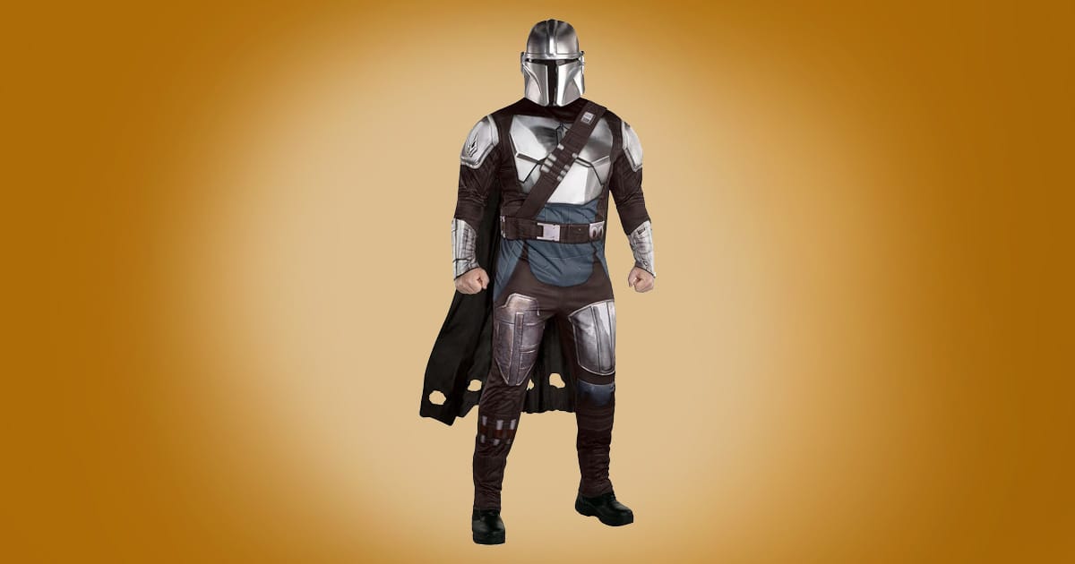 Adult Mandalorian Star Wars costume with silver armor, black cape, and helmet on orange background.