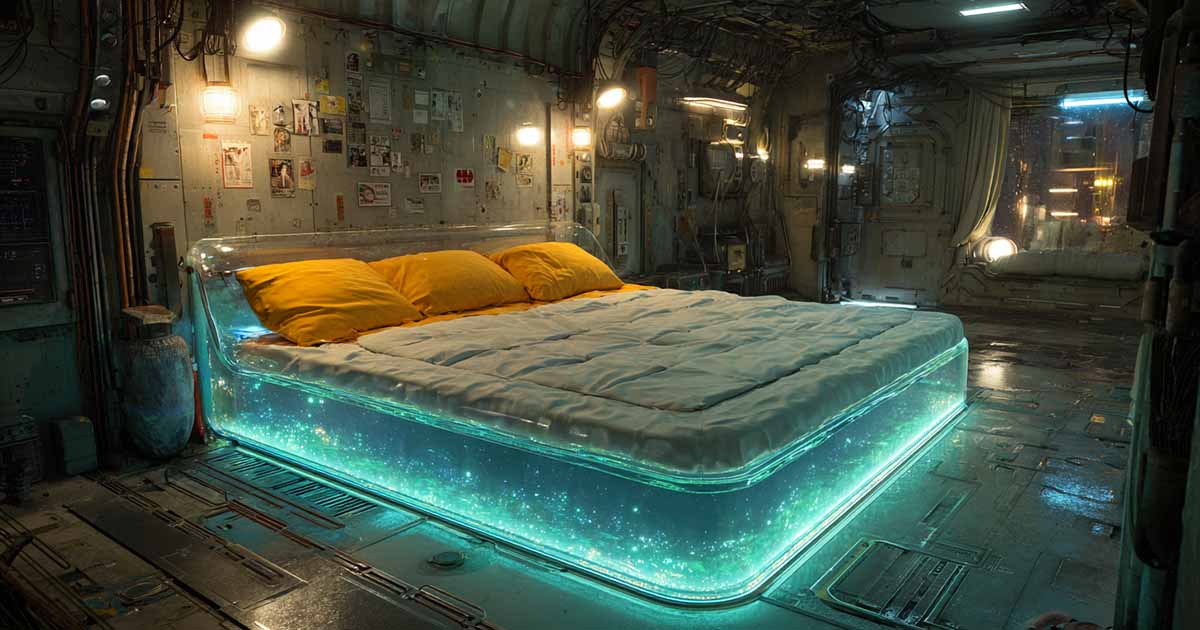 Dystopian sci-fi bedroom with a glowing transparent mattress, yellow pillows, and industrial walls filled with cables and dim lights.