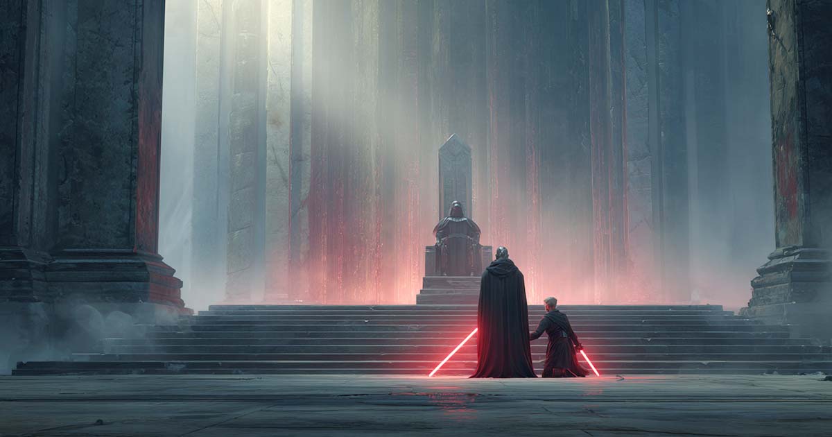 Sith Lord on a throne with two apprentices wielding red lightsabers in a dark temple, illustrating Sith power and hierarchy.