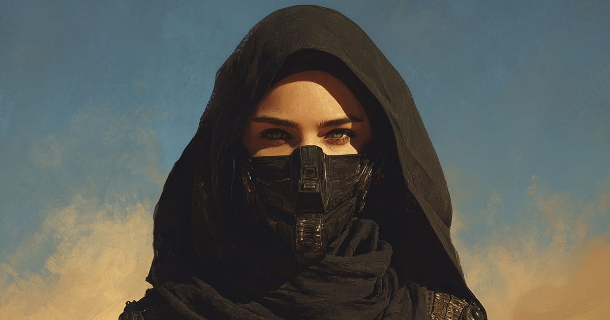 Painterly portrait of a woman in desert hood and mask with golden eyes, representing Jessica Atreides in Fremen stillsuit.