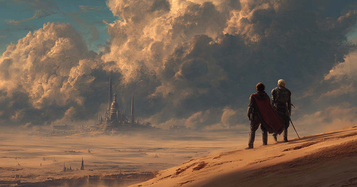 Two armored figures stand on a dune, looking toward a distant desert fortress under towering storm clouds.