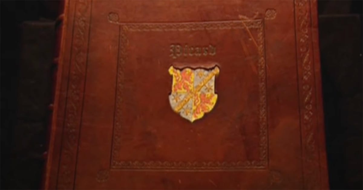 Close-up of Captain Picard’s leather-bound family album from "Star Trek Generations."